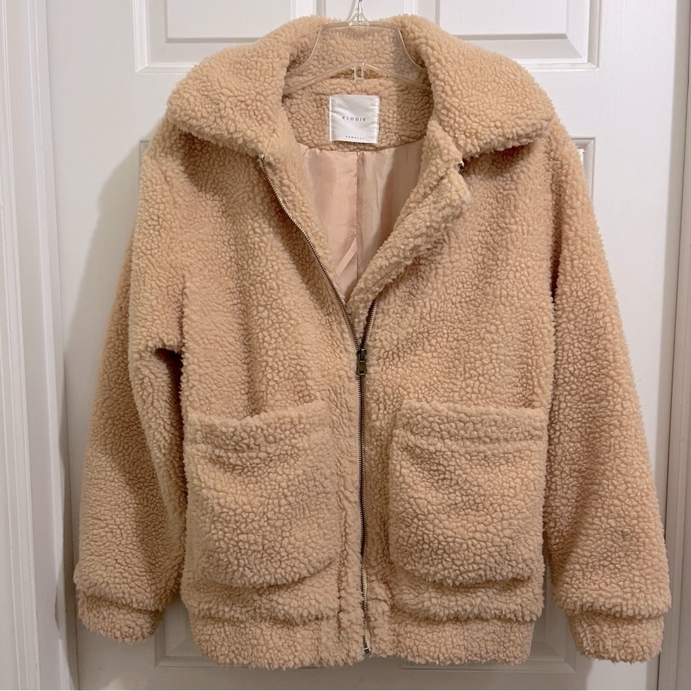 ELODIE SHERPA FLEECE JACKET sz Women XS full zip polyester lined tan/light peach